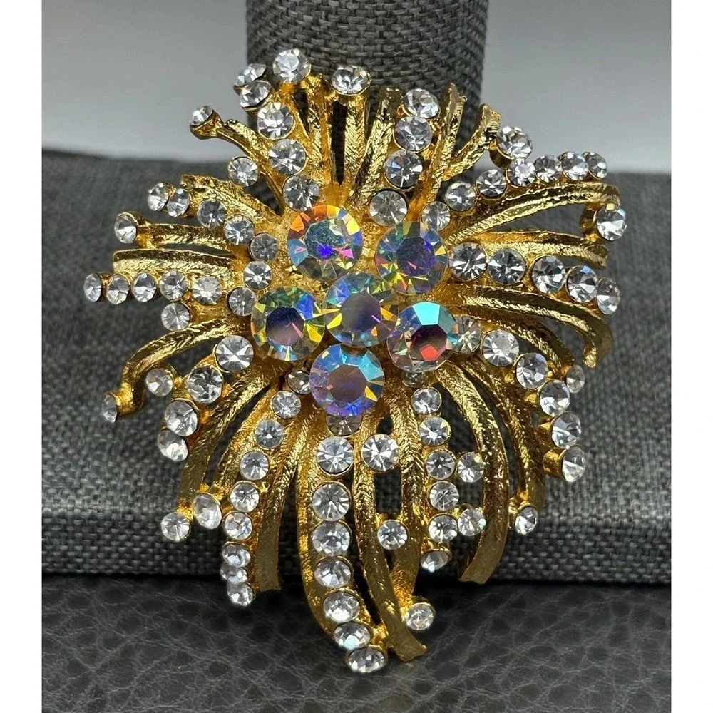HUGE Aurora Borealis AB Crystal Rhinestone Sunburst Gold Tone Brooch Pin
